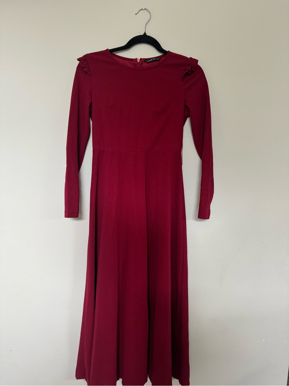 Long Sleeve Burgundy Dress with Ruffle Shoulders